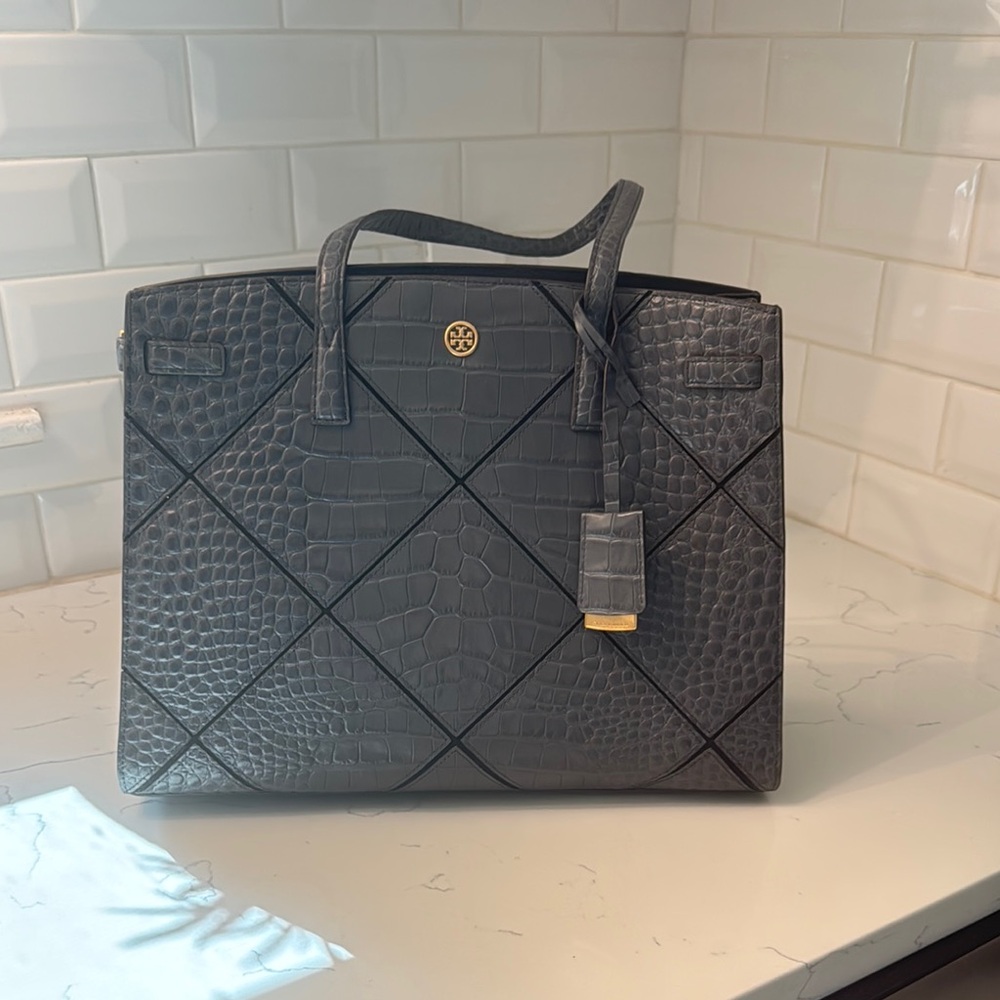 Tory Burch Gray Quilted Tote Bag with Gold Accents